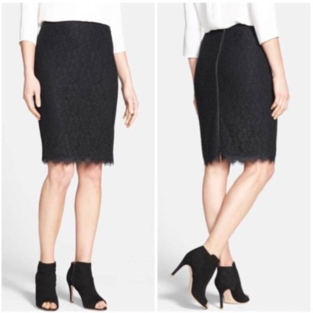 Diane Von Furstenberg Black Scotia Lace‎ Pencil Skirt exposed zipper knee length